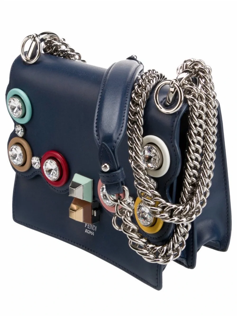 Fendi Navy Leather Crossbody with Multicolor Crystal Ring Accents